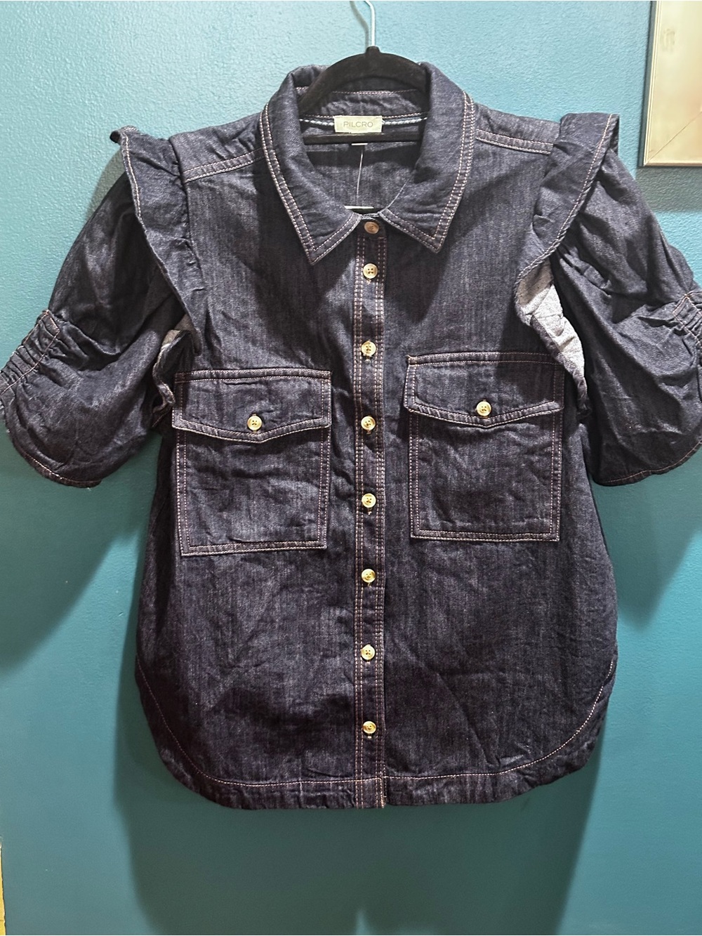 Anthropologie Pilcro Denim Ruffle Sleeve Button-Front Shirt - Picture 1 of 10